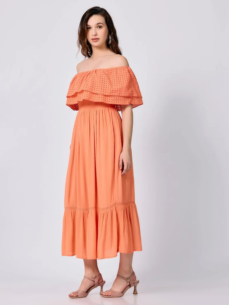 Outzidr  Peach Off Shoulder Tiered Midi Dress for Women | Best Price UAE